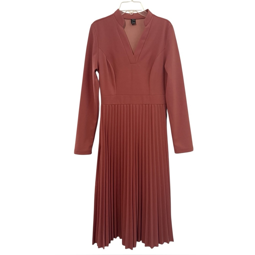 Shein V-Neck Mauve Long Sleeve Pleated Midi Dress Women's Small